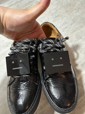 Acne Black Patent Leather Sneakers with Black & White Laces